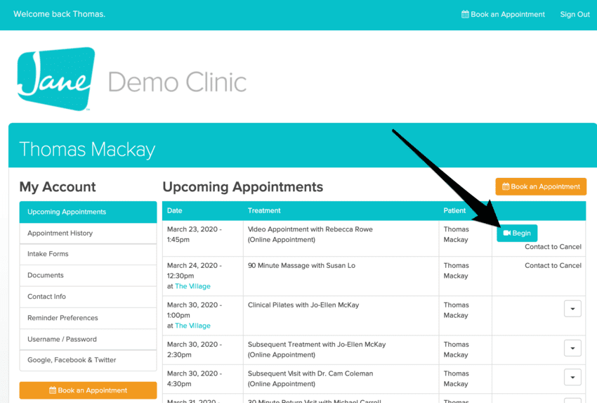 Upcoming Appointments Screenshot Example