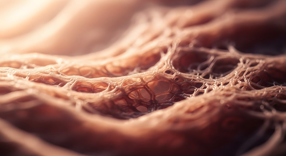 Close-up visualization of human fascia — the connective tissue network that acupuncture channels follow — showing a three-dimensional lattice of interwoven collagen fibers